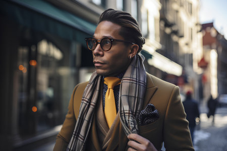 Portrait of a handsome young man wearing coat, scarf and eyeglasses in the city.の素材
