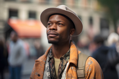 Handsome african american man in hat and jacket on the streetの素材