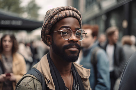 Portrait of a handsome african american man wearing glasses and a hat standing in the streetの素材