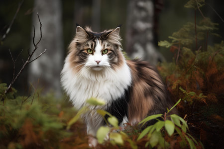 beautiful fluffy maine coon cat with green eyes in the autumn forestの素材