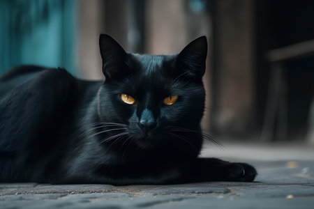 Portrait of black cat with yellow eyes lying on the floor.の素材