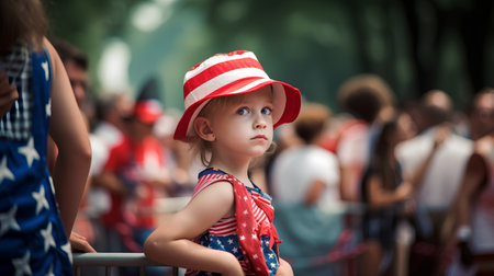 Portrait of a little girl in a red hat on the background of the crowdの素材