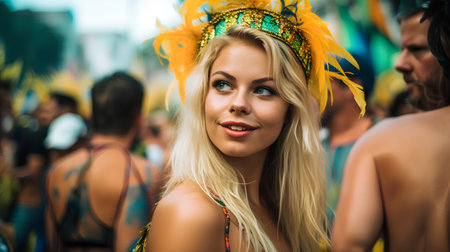 Portrait of a beautiful young woman in a headdress with feathersの素材