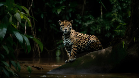 Jaguar on a rock in the jungle, Panthera oncaの素材