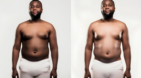 Collage of african american man in white underwear looking at camera isolated on greyの素材