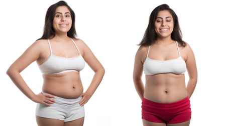 Before and after weight loss. Fat woman isolated on white background.の素材