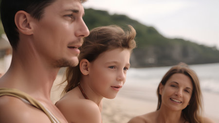 Portrait of happy family on beach. Mother, father and their daughter looking at each other.の素材