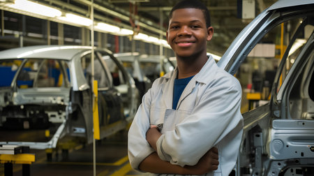 Portrait of confident african american worker standing with arms crossed in auto repair shopの素材