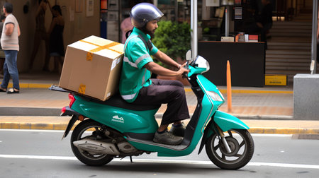 Delivery man on scooter in San Francisco, CA, USAの素材