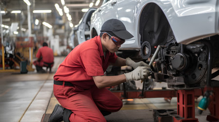 auto mechanic working in auto repair shop, maintenance and repairing concept.の素材