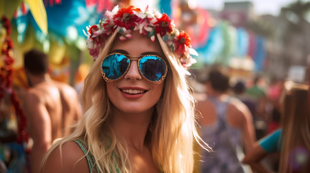 Beautiful young woman with long blond hair wearing a wreath of flowers on her headの素材