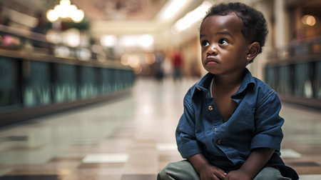 Portrait of an african american little boy in the shopping mallの素材