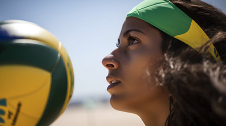 Close-up of a female volleyball player looking up at the ballの素材