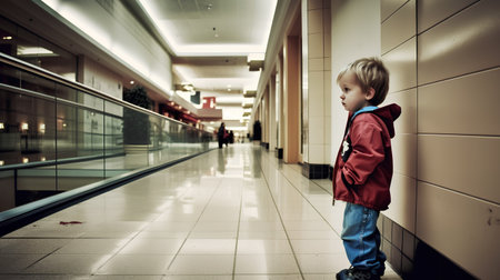 A little boy in a red jacket is standing in the corridor of a shopping center.の素材