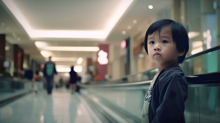 Cute asian little girl in shopping mall, shallow depth of fieldの素材