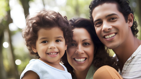 Portrait of happy mixed race family smiling at camera in the parkの素材