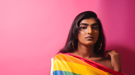 Beautiful young indian woman with lgbt flag on pink backgroundの素材