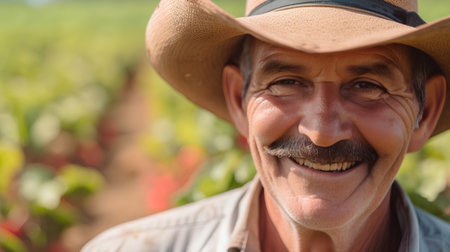 Portrait of a smiling senior farmer standing in a field of red peppersの素材