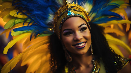 Portrait of beautiful african american woman in colorful carnival costumeの素材