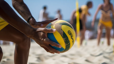 volleyball player on the beach with group of people in backgroundの素材