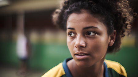 Portrait of young african american teenage girl in school corridorの素材