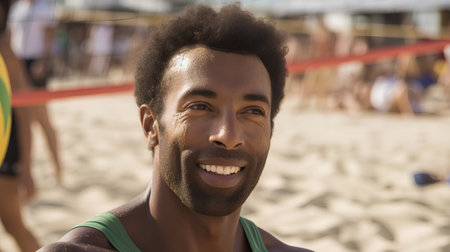 Portrait of happy african american man at beach volleyball courtの素材