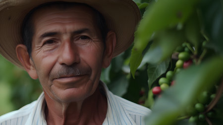 Portrait of a mature man with coffee beans in the coffee plantationの素材