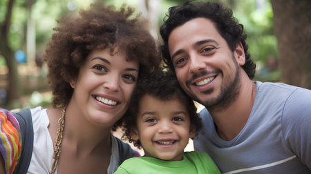Portrait of a mixed race family smiling at camera in the parkの素材