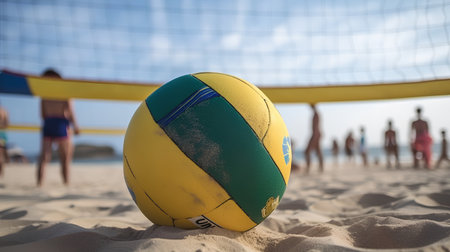 Volleyball ball on the sand of a beach volleyball court in the summerの素材
