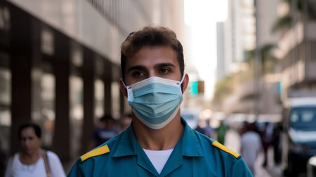 Portrait of young man wearing a face mask while walking in the streetの素材