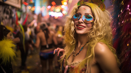Beautiful girl in a carnival mask dancing at the party.の素材