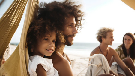 Portrait of a happy mixed race family relaxing in hammock on the beachの素材