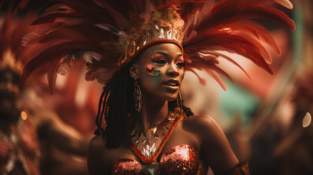 Beautiful african american woman in carnival costume with feathersの素材