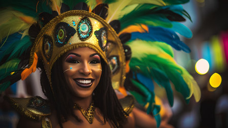 Close-up portrait of a beautiful young woman in carnival costumeの素材