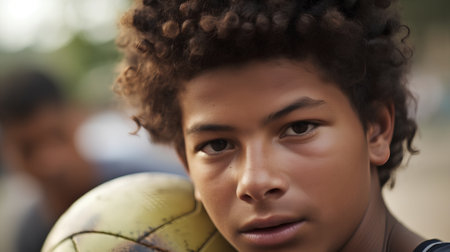 Portrait of a young african american boy with a ballの素材