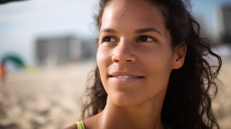 Portrait of a beautiful young woman smiling at the camera on the beachの素材