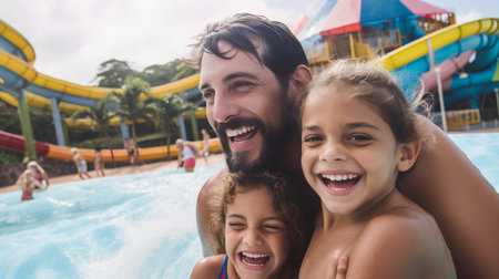 Happy family having fun in aquapark. Father and children playing in water park.の素材