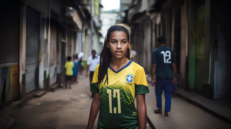 Portrait of a beautiful young woman with Brazilian flag in the streetの素材