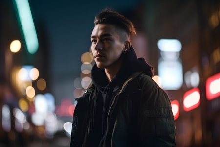 Portrait of a handsome asian man in the city at nightの素材