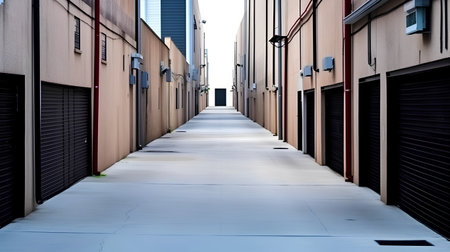 Empty street in a modern city, perspective view from the ground.の素材