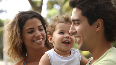 Portrait of happy young family with little baby in park, outdoorsの素材