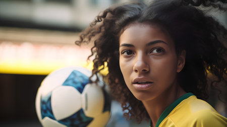 Portrait of young african american woman with curly hair holding soccer ballの素材
