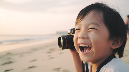 Happy asian child girl with binoculars on the beach at sunsetの素材