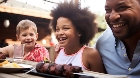 Portrait of happy african american family having barbecue party outdoorsの素材