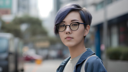 Portrait of a beautiful asian woman with short purple hair and glassesの素材