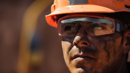 Portrait of a worker in a hard hat and goggles at construction siteの素材