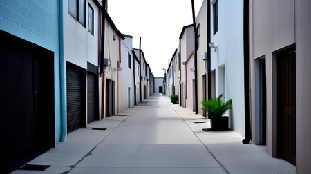 Row of modern houses in a row with white walls and black doorsの素材