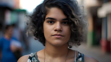 Portrait of a beautiful young woman with curly hair in the cityの素材