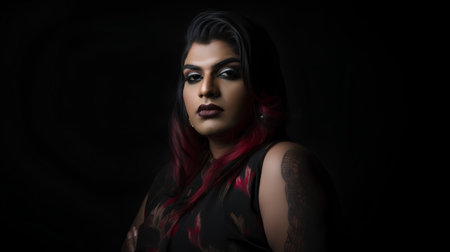Beautiful asian woman with red hair on a black background.の素材