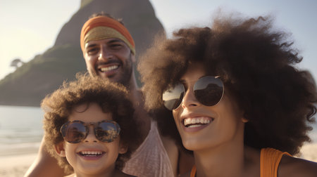 Portrait of happy african american family in sunglasses at beachの素材